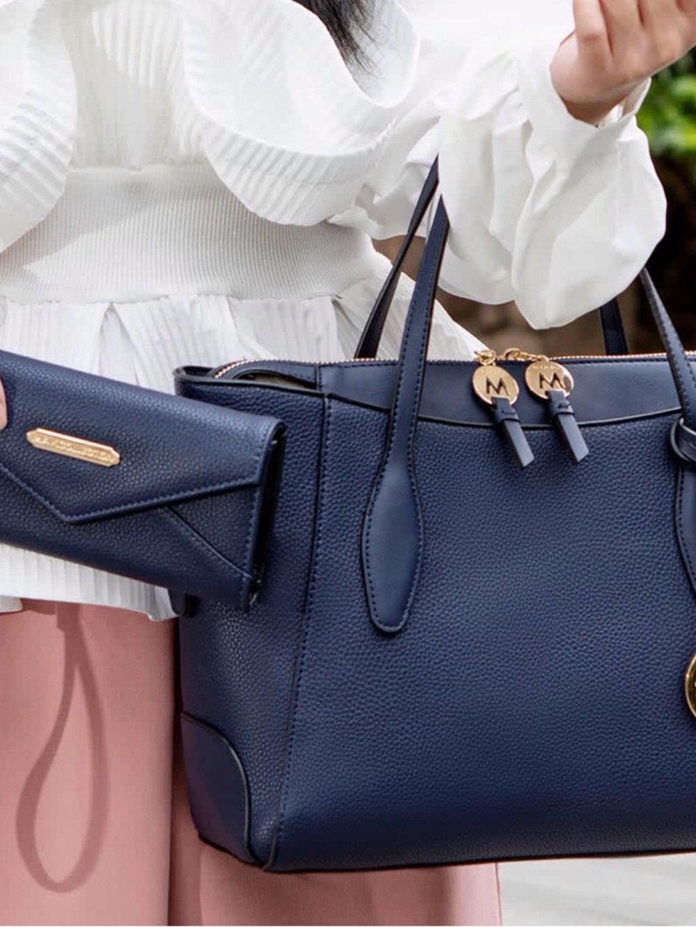 Navy Structured Tote with Matching Clutch and Gold Accents